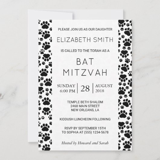 Paw Pattern, Paws, Black and White, Bat Mitzvah Kaart (Voorkant)