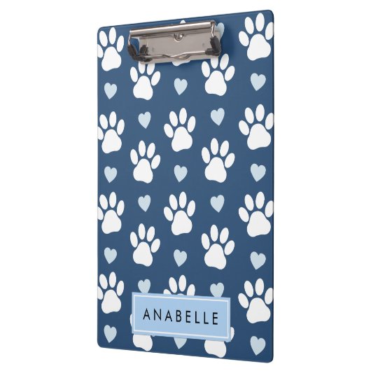 Paw Pattern, witte poten, blauwe harten, Jouw naam Klembord (Links)