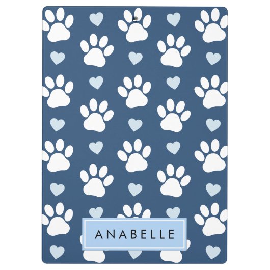Paw Pattern, witte poten, blauwe harten, Jouw naam Klembord (Achterkant)