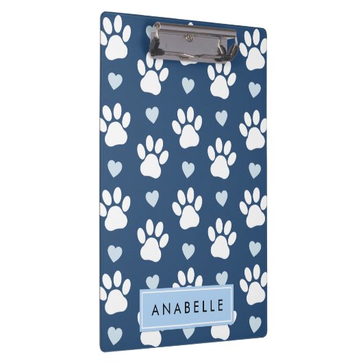 Paw Pattern, witte poten, blauwe harten, Jouw naam Klembord (Rechts)