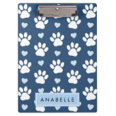 Paw Pattern, witte poten, blauwe harten, Jouw naam Klembord (Voorkant)