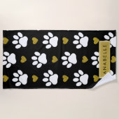 Paw Pattern, witte poten, gouden harten, Jouw naam Strandlaken (Voorkant)