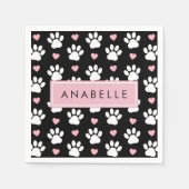 Paw Pattern, witte poten, roze harten, Jouw naam Servet (Voorkant)