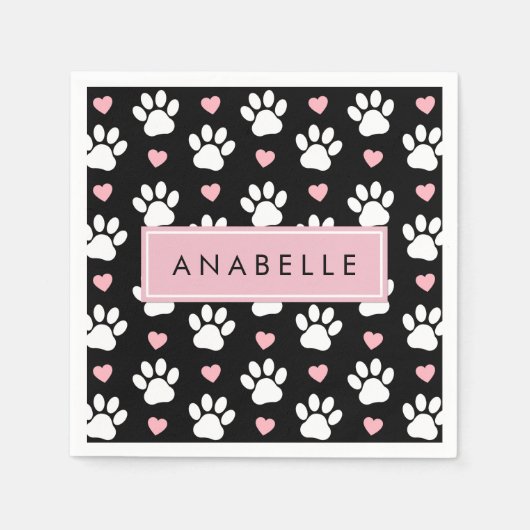 Paw Pattern, witte poten, roze harten, Jouw naam Servet (Voorkant)