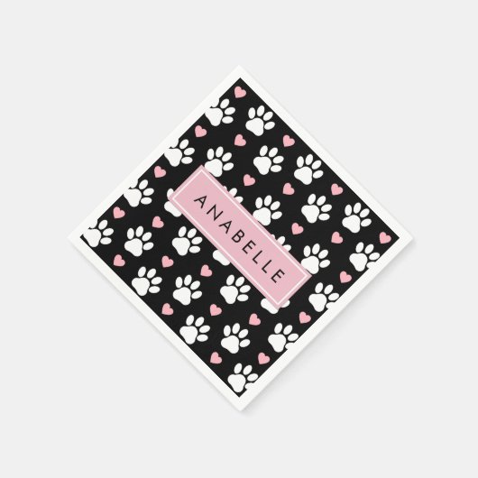 Paw Pattern, witte poten, roze harten, Jouw naam Servet (Hoek)