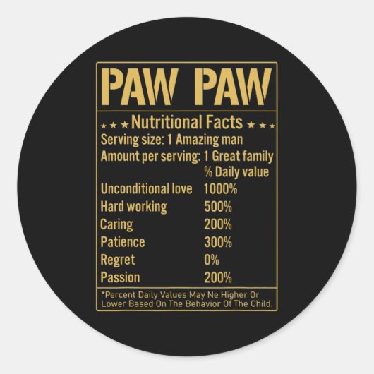 Paw Paw Nutritional Facts Funny Grandpa Quotes Ronde Sticker (Voorkant)
