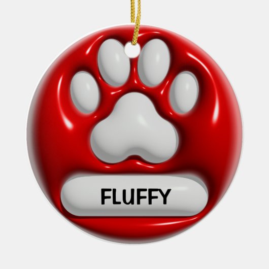 Paw Pet Print 3D Rood Wit Gepersonaliseerde naam Keramisch Ornament (Voorkant)