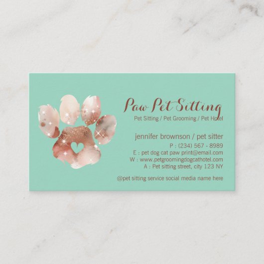 Paw Pet Sitter Grooming Waterverf Dog Cat Green Visitekaartje (Voorkant)