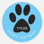 Paw Print Blauw Gelukkige Verjaardagsnaam Ronde Sticker (Voorkant)