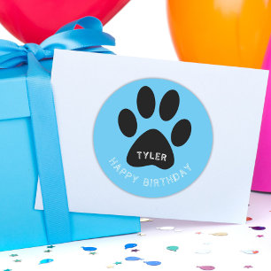 Paw Print Blauw Gelukkige Verjaardagsnaam Ronde Sticker