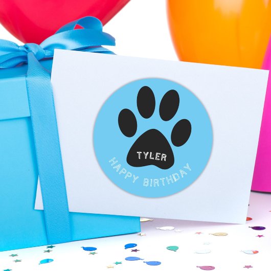 Paw Print Blauw Gelukkige Verjaardagsnaam Ronde Sticker