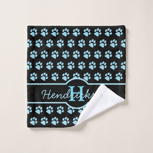 Paw Print Blue Blauwgroen Glitter Monogram Cat Dog Washandje (Wasdoekje)
