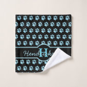 Paw Print Blue Glitter Monogram Naam Cat Dog Paw Bad Handdoek (Wasdoekje)