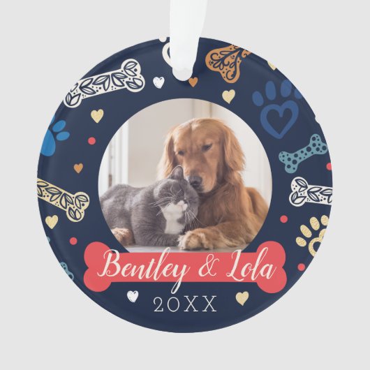 Paw Print & Botten Patroon | Dierlijke huisdier fo Ornament (voorkant)