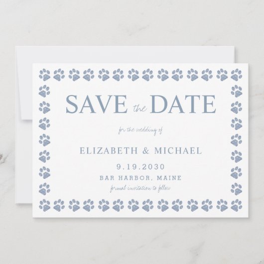 Paw Print Dusty Blue Glitter Weddenschap Save the Kaart (Voorkant)