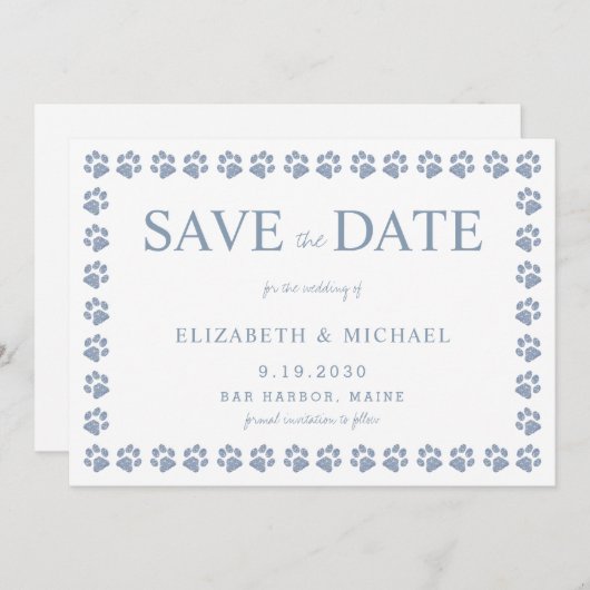 Paw Print Dusty Blue Glitter Weddenschap Save the Kaart (Voorkant / Achterkant)