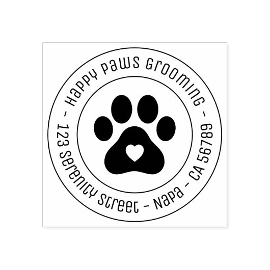 Paw Print Grooming Zakelijk Hart Rond Adres Rubberstempel (Afrduk)
