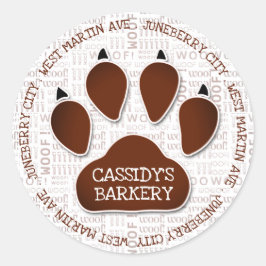 Paw Print in bruin met bedrijfsnaam en houtkunst Ronde Sticker