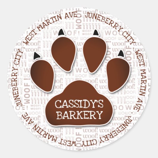 Paw Print in bruin met bedrijfsnaam en houtkunst Ronde Sticker (Voorkant)