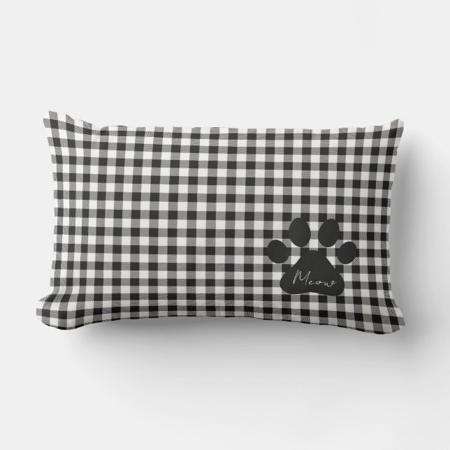 Paw Print MEOW Gingham Classic Zwart Wit Katten Kussen (Voorkant)