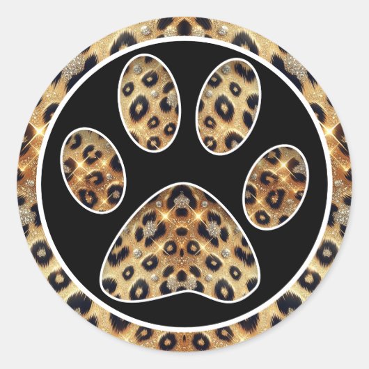 Paw Print met Goud & Zwart Leopard Sparkle Ronde Sticker (Voorkant)