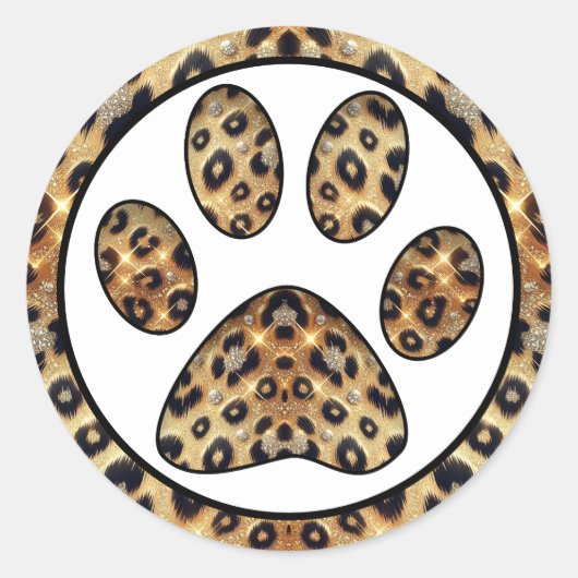 Paw Print met Goud & Zwart Leopard Sparkle Ronde Sticker (Voorkant)