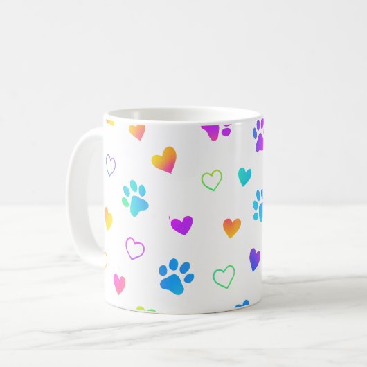 paw print mug, heart pattern mug, rainbow pet mug koffiemok (Voorkant links)