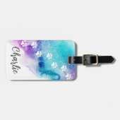 Paw print paarse aqua blue waterverf lak bagagelabel (Voorkant horizontaal)
