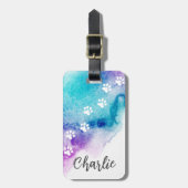 Paw print paarse aqua blue waterverf lak bagagelabel (Voorkant verticaal)