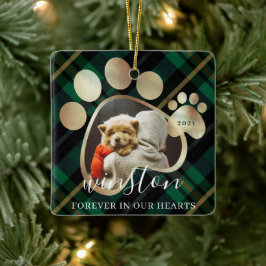 Paw Print Pet Foto Green plaid Naam Memorial Keramisch Ornament