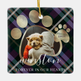 Paw Print Pet Foto Paars geblazen Pet Name Memoria Keramisch Ornament