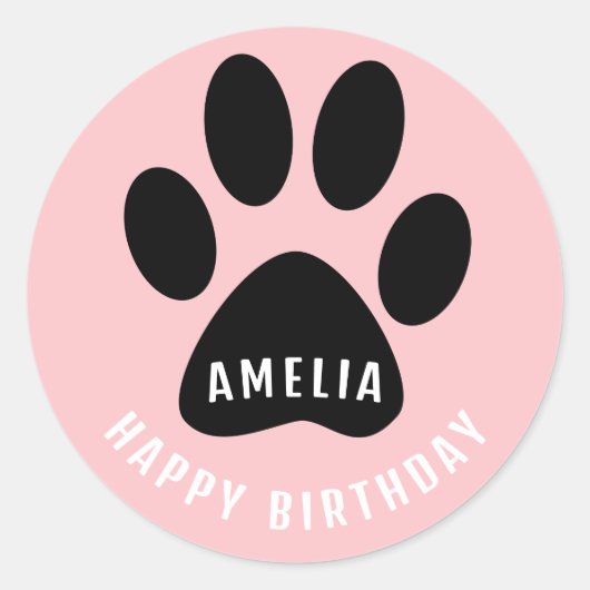 Paw Print Pink Happy Birthday Sticker with Name (Voorkant)