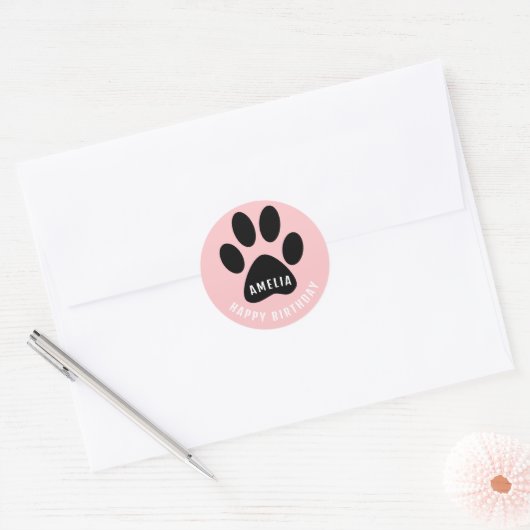 Paw Print Pink Happy Birthday Sticker with Name (Envelop)
