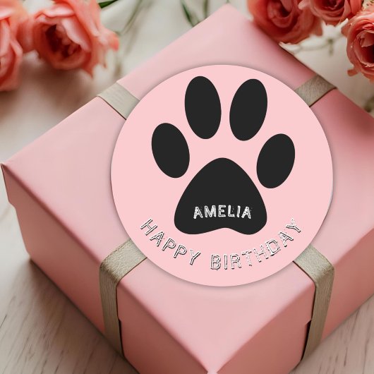 Paw Print Roze Happy Birthday Sticker met naam