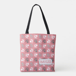 Paw Print Tegel Patroon Roze met Naam Tote Bag