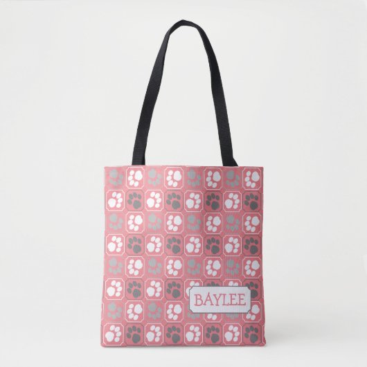 Paw Print Tegel Patroon Roze met Naam Tote Bag (Voorkant)
