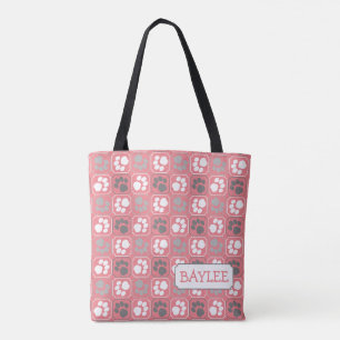 Paw Print Tegel Patroon Roze met Naam Tote Bag
