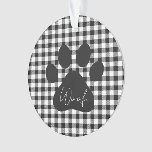 Paw Print WOOF Buffel Plaid Zwart Wit Huisdier Ple Ornament (voorkant)