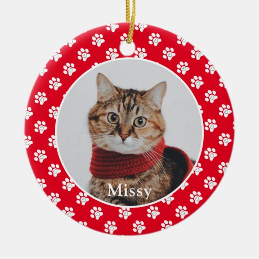 Paw Prints Aangepaste Pet Foto Kat Naam Keramisch Ornament (Voorkant)