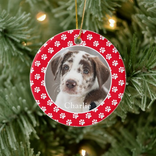 Paw Prints Aangepaste Pet Photo Dog Naam Keramisch Ornament (Boom)