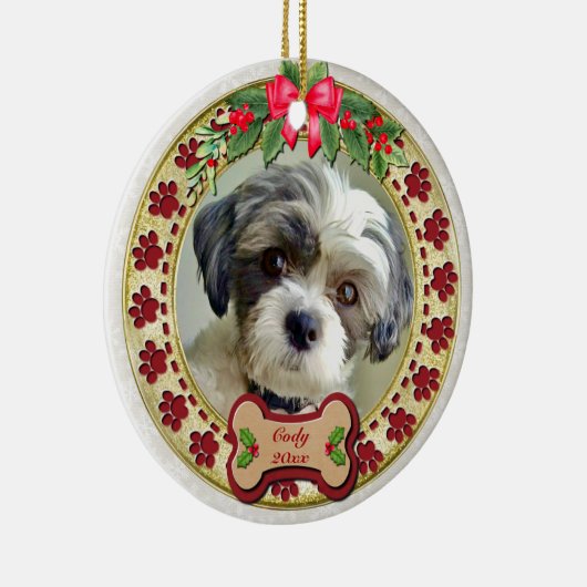 Paw Prints and Gold Frame Custom Pet Photo Keramisch Ornament (Rechts)