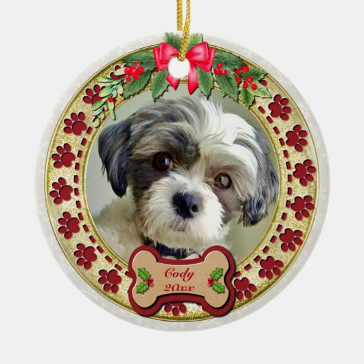 Paw Prints and Gold Frame Custom Pet Photo Keramisch Ornament (Voorkant)