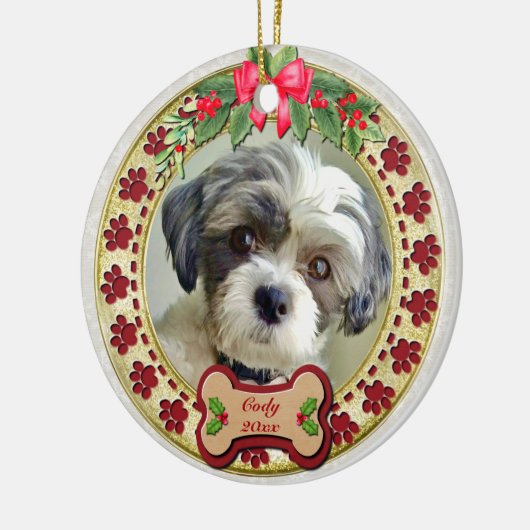 Paw Prints and Gold Frame Custom Pet Photo Keramisch Ornament (Links)
