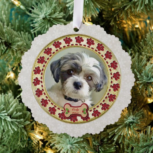Paw Prints and Gold Frame Custom Pet Photo Ornament Kaart (Insitu (Drie))