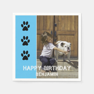 Paw Prints Blue Kinder Name Photo Birthday Party Servet
