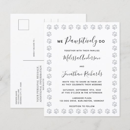 Paw Prints Budget Wedding Briefkaart (Voorkant / Achterkant)