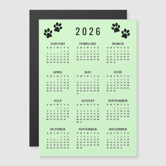 Paw Prints Design 2026 Calendar Magnetic Card (Voorkant / Achterkant)