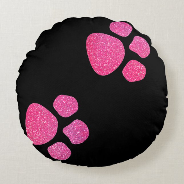 Paw Prints Glitter Roos Gold Pink Black Trendy Rond Kussen (Voorkant)