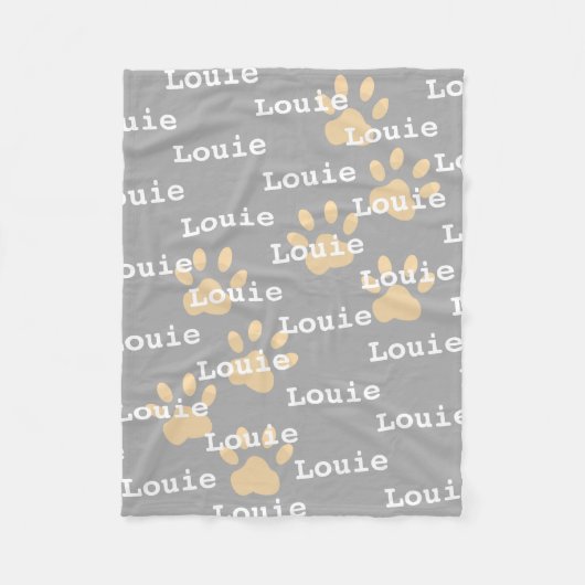 Paw Prints Grijs Geel Gepersonaliseerde Hondennaam Fleece Deken (Voorkant)