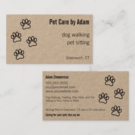 Paw Prints Hond Walker Pet Sitter Kraft Papier Visitekaartje (Voorkant / Achterkant)